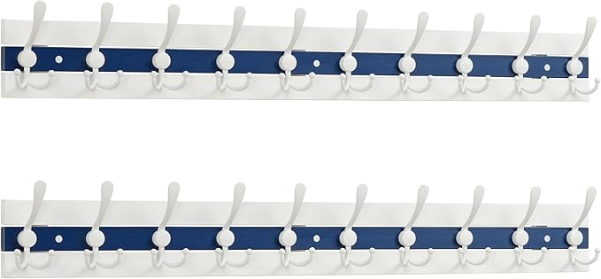 SKOLOO Coastal Coat Rack Wall Mount-38-1/8 Beach House Entryway Wooden Coat Hook with 10 Hooks for Hanging Coats, Hats or Towels, Oceanfront Cottage Core Collection, White & Blue, Pack of 2