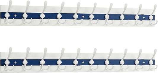 SKOLOO Coastal Coat Rack Wall Mount-38-1/8 Beach House Entryway Wooden Coat Hook with 10 Hooks for Hanging Coats, Hats or Towels, Oceanfront Cottage Core Collection, White & Blue, Pack of 2