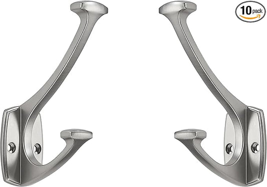 10 Pack Brushed Satin Nickel Hooks Decorative Heavy Duty Solid Large Coat Hooks for Towel Hanging Coats Robe Wall Mounted Towel Bags Door Back Bathroom Wall Hook.