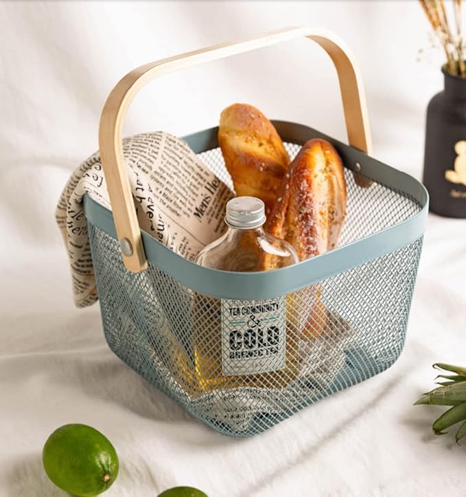 Mesh Steel Storage Organizer Basket Fruit Basket Bin with Wood Handle Ideal for Kitchen Bathroom Picnic Baskets Pantry Cabinets Storage Home Decor (Pink)