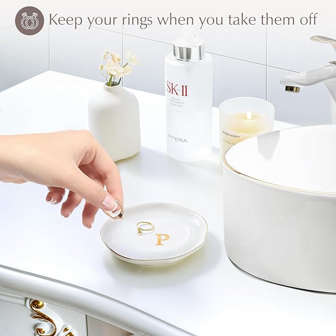 ProCase Ceramic Jewelry Tray, Initial Ring Dish Trinket Plate Engagement Gift, Small Personalized Monogram Ring Bowl for Wedding, White Decorative Jewelry Holder for Women Vanity -Letter P