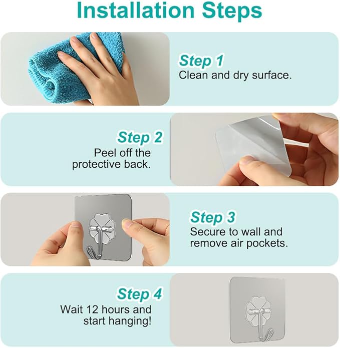 Koja 12 Pack Heavy-Duty Self-Adhesive Hooks - Transparent, Waterproof, Stick-on Wall Hooks for Keys, Bathroom, Shower, Outdoor, Kitchen, Door, Home Improvement, Utility Room.