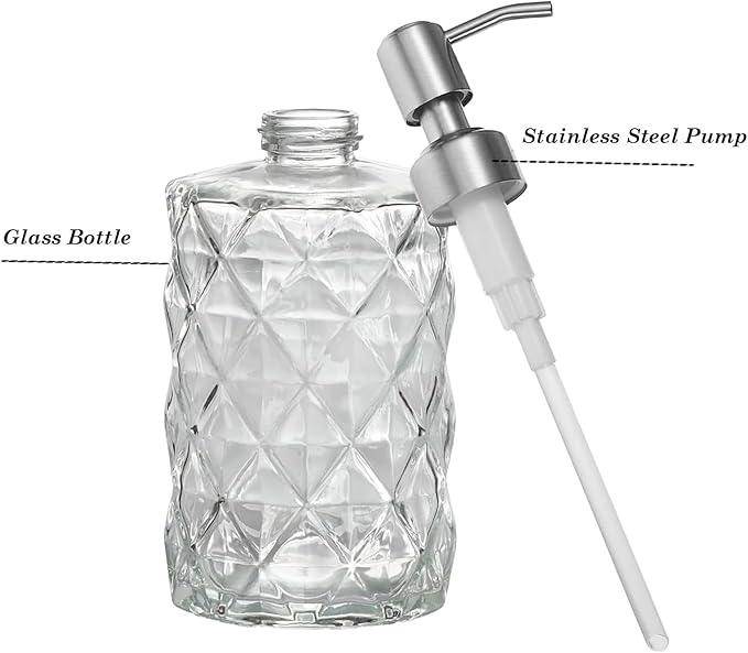 12Oz Clear Glass Soap Dispenser with Stainless Steel Pump, Refillable Kitchen Liquid Hand Soap Dispenser with Diamond Design, for Dispense Hand soap, Dish Soap, Lotion, Bathroom, Countertop, Hotel