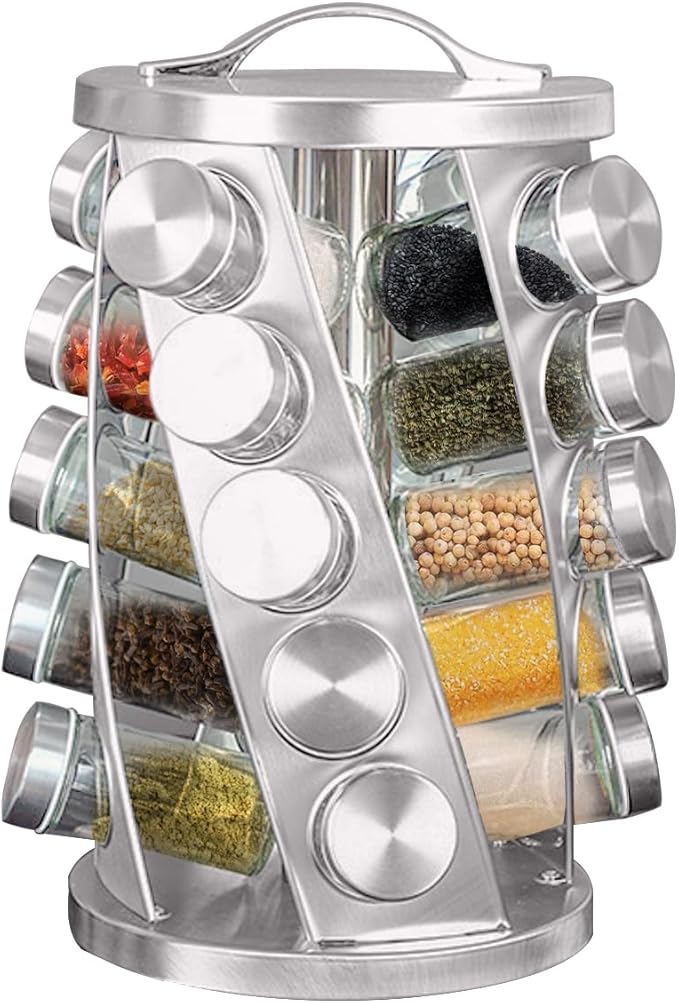 TINMIX Portable Stainless Steel Spice Rack with 20 Spice Jars Included Revolving Spice Organizer for Kitchen Tower Storage Rack for Spices and Seasoning Silver