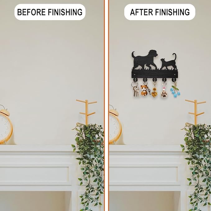 MAYJOYDIY Decorative Wall Mount Key Holder with 5 Hooks, Pet Cat Dog Design, 11.8 x 7.9 inch, Wood for Dog Leash Entryway Kitchen Office Gift