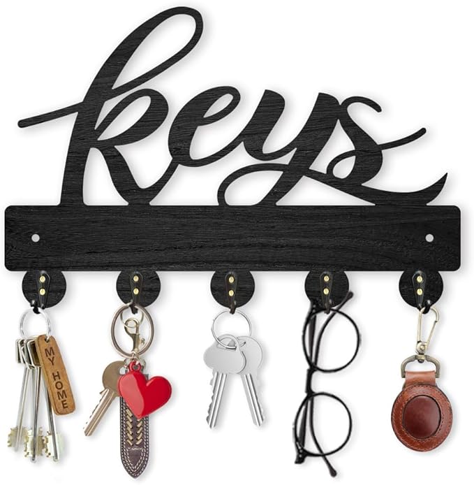 MAYJOYDIY Wood Keys Holder for Wall 11.8×7.8inch Decorative Key Rack Keychain Hanger Key Hooks Organizer 5 Alloy Hooks for Home Decor Gift Entryway Coat Rack Hallway Office