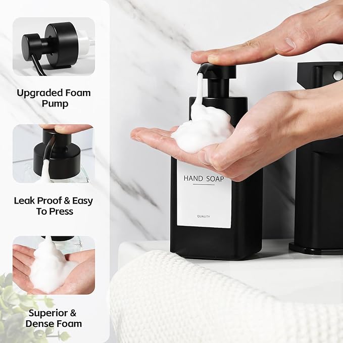 Black Foaming Hand Soap Dispenser, 12oz/350ml Glass Square Foam Soap Dispenser Set, 2Pcs Foaming Soap Dispenser with Foaming Pump, Refillable Soap Foam Dispenser for Bathroom, Kitchen