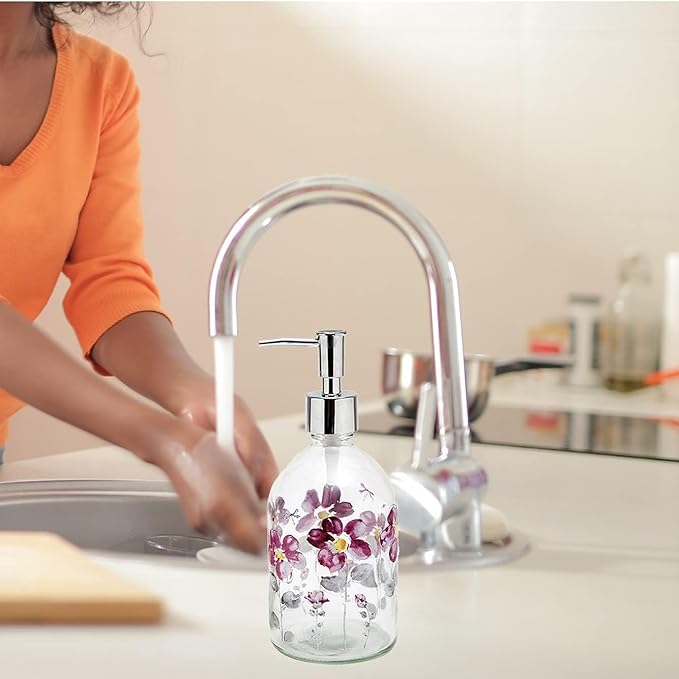 17oz Glass Soap Dispenser with Plastic Pump for Kitchen and Bathroom, Refillable Liquid Clear Bottle for Dish Soap & Hand Soap(Flower)
