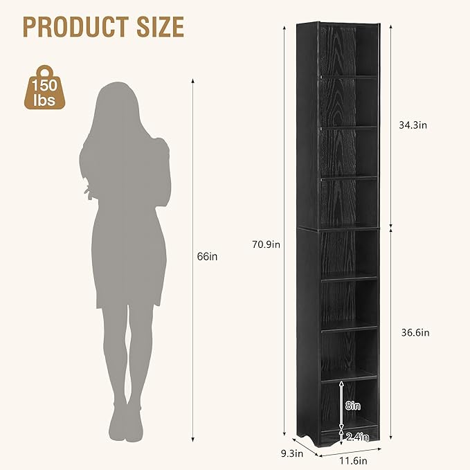 VECELO Narrow Tall 71 inch Adjustable Bookshelf - Customizable Shelf Heights, Elevated Dust/Moisture-Proof Base, Rustic Wood Display Shelf for Living Room Bedroom Small Spaces-Black