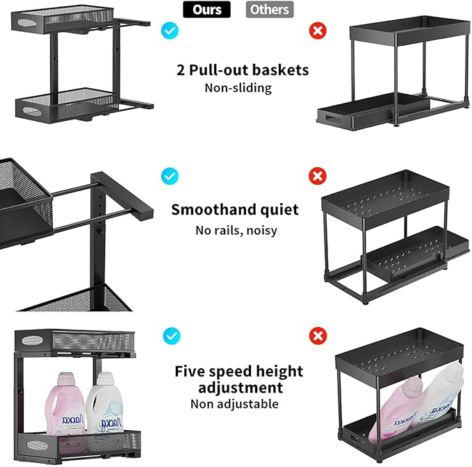 1 Pack Under Sink Organizer and Storage, 2 Tier Pull Out Sliding Cabinet Shelf, 5-Level Height Adjustable Thickened Carbon Steel Storage Rack for Kitchen Bathroom Cabinet, Black