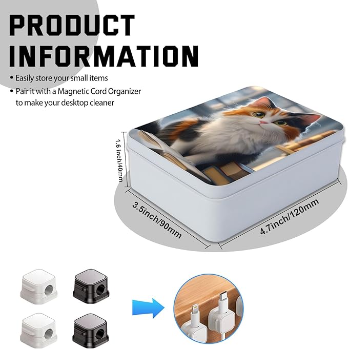 Metal Tin Box with Lid,Multi-functional Storage Box Can Store Tea Biscuits Game Cards, Playing & Tarot Cards-Comes with 4 Magnetic Cord Clips,Calico Cat with Books