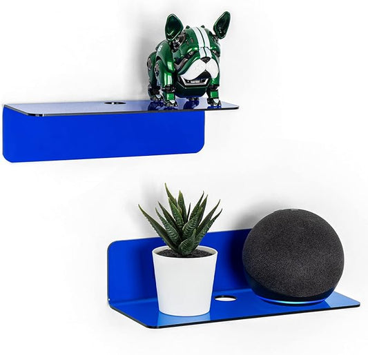 OAPRIRE Small Floating Wall Shelves Set of 2 - Personalize&Easily Expand Wall Space - 9 Inch Acrylic Wall Shelf for Bedroom, Gaming Room, Living Room, Bathroom, Office, with Cable Clips - Clear Blue