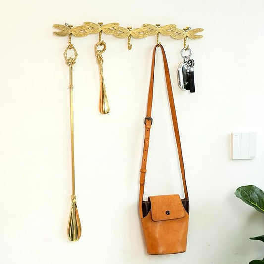 Gold Coat Rack Wall Mounted - 5 Tri Hooks, Heavy Duty, Brass Coat Hook Rail for Coat Hat Towel Purse Robes Mudroom Bathroom Entryway