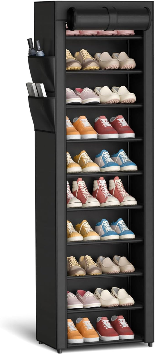 Kitsure Shoe Rack - 10-Tier Large Capacity Shoe Organizer Shelf with Dust Cover & Side Pockets, Rust-Proof Metal Shoe Rack for Closet, Entrance, Living Room, 17.5" x 12.4" x 69.3", Black