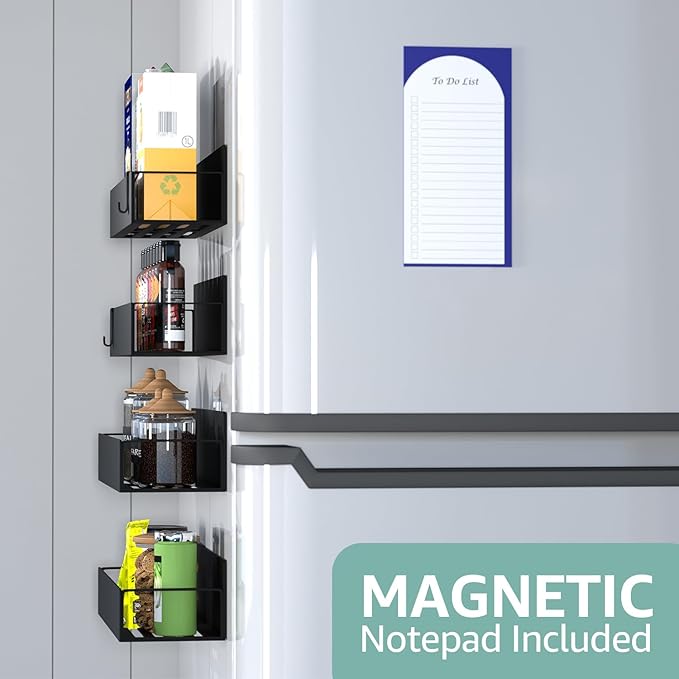 Metal Magnetic Spice Rack for Refrigerator – 5 Pack Strong Magnet Organizer Shelves with Notepad – Black Heavy-Duty Spice Storage for Kitchen, Pantry, Laundry, Apartment, RV