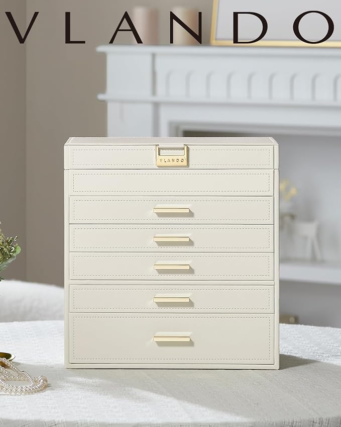 Vlando 6 Layer Large Jewelry Box - Jewelry Holder Organizer, Jewelry Box Organizer for Drawer Necklace Ring Bracelet and Watch, Birthday Gift for Loved Ones - Beige