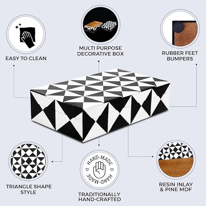 Handicrafts Home Decorative Storage Box with Lid – Black and White Decorative Box for Remote Controls, Slim Coffee Table Storage Box for Shelf, Desk & Living Room Decor – Trianlge 8 x 6 x 1.5
