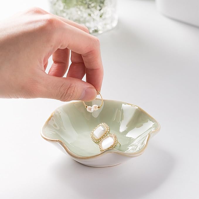 2 Pcs Ceramic Jewelry Dish, Jewelry Tray Key Tray,Small Ring Dish Holder Jewelry Plate Trinket Dish Catchall Tray Nightstand Decor For Table Room Decor SM (4.3 In, White,Green)