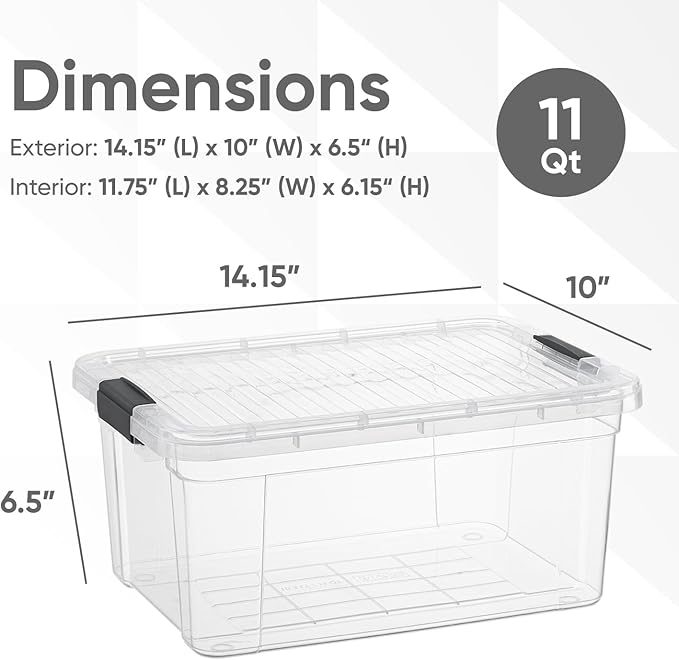 Superio Clear Storage Boxes with Lids, 11 Quart Plastic Container Bins for Organizing, Stackable Crates, BPA Free, Non Toxic, Odor Free, Organizers for Home, Office and Dorm, 4 Pack