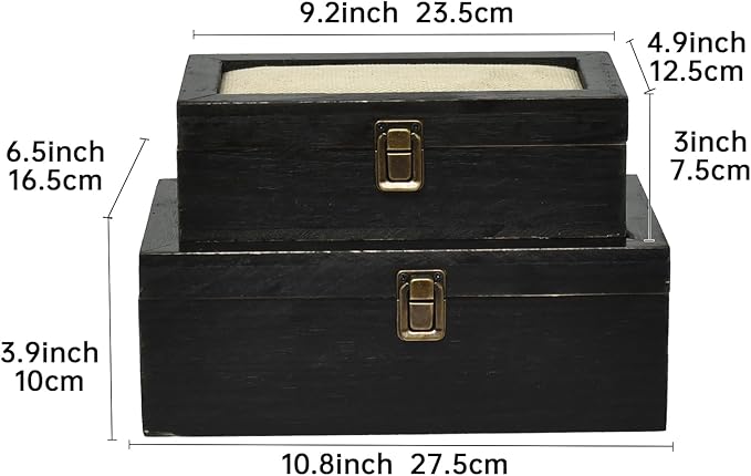 Decorative Storage Boxes with Hinged Lid, 2 Pcs Memory Box for Keepsakes, Wooden Treasure Chest Box, Large Vintage Craft Box Trunk Basket for Men, Kids, Jewelry, (Linen Lid, Black)