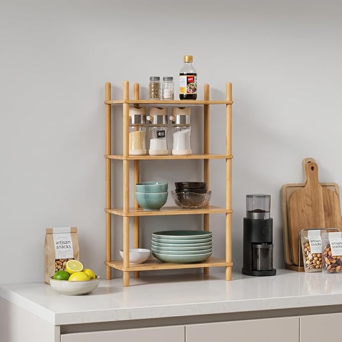 4-Tier Expandable Bamboo Desktop Organizer Shelf Kitchen Cabinet and Counter Riser Display Shelf for Top of Desk Home Office Bathroom Coffee Table Display Stand