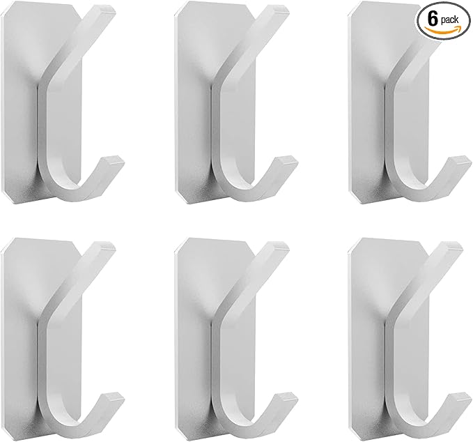 PMMASTO Self-Adhesive Towel Hooks - Sticky Heavy Duty Wall Robe Coat Hook for Hanging- Shower Hooks (Silver, “ K ”Shape 6PC)