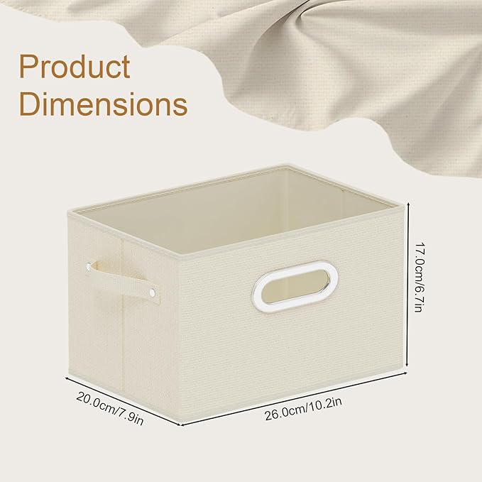 Foldable Cloth Basket with 4 Handles, Decorative Open Storage Boxes, Stackable Cube Organization, Fabric Bins for Shelves, Closet, Living Room, 10.2x7.9x6.7in, Beige, 4 Pack
