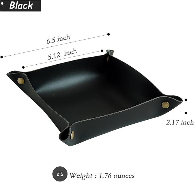 Valet Tray, Leather Tray, Small Catchall Tray, Foldable Jewelry Travel Organizer, Suitable for Travel, Storage, Nightstand, Home or Office (Black-S)