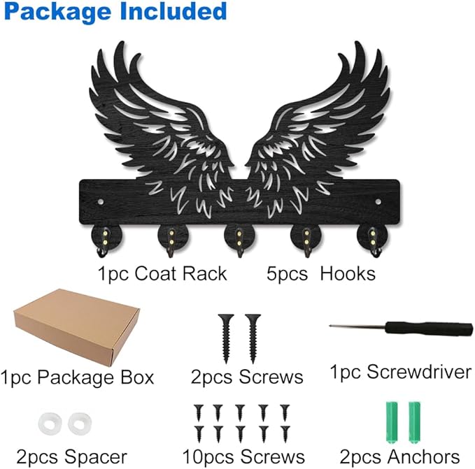 MAYJOYDIY Wing Feathers Wood Key Holder for Wall Angel Wings Wall Mounted Key Hooks 11.8×7.9inch Coat Hanger Rack with 5 Alloy Hooks for Entryway Front Door Kitchen Office Decoration