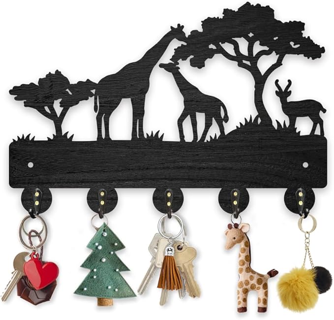 MAYJOYDIY Africa Giraffe Coat Rack Wood Key Holder 11.87.9inch Giraffe Family Deer Decorative Wall Hooks 5 Alloy Hooks Animal Tree Black Wall Hanger for Gifts Entryway Room Home
