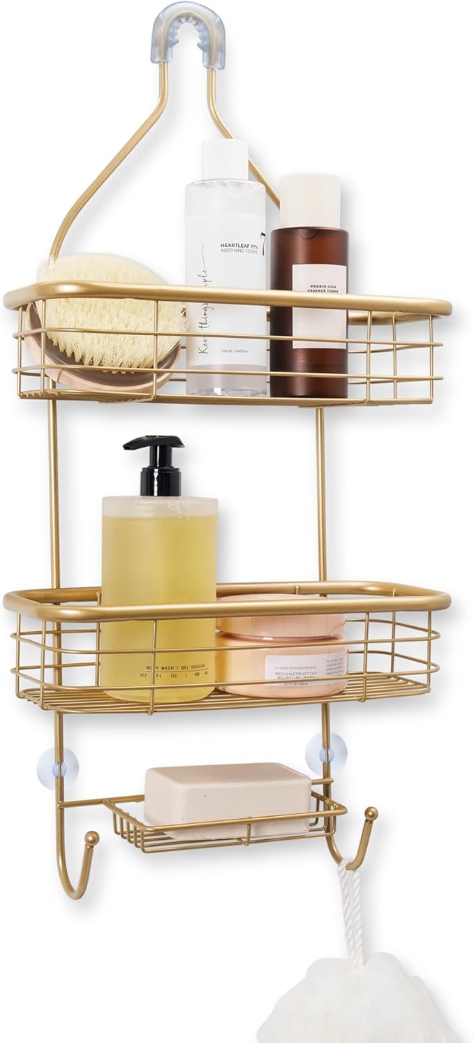 Gold Shower Caddy Hanging Organizer | Rustproof Bathroom Shelf with Hooks & Basket Storage | Over Showerhead Caddy for Shampoo, Soap, Towels | Sleek Bathroom Organizer | Gold