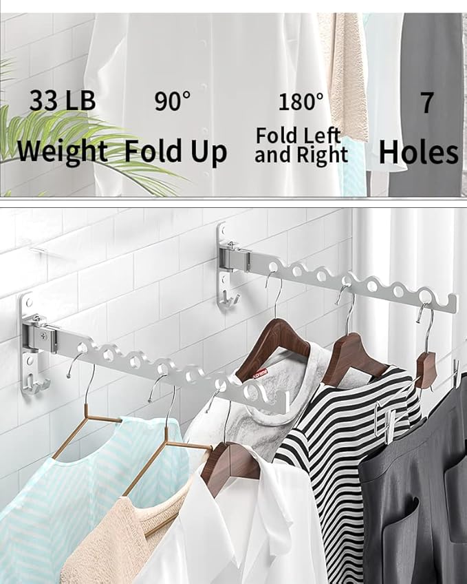 Dr.DJ Wall Mount Coat Hanger Holder Silver Clothes Drying Organizer Rack Garment Hooks Aluminium Retractable Folding Indoor Wall Mounted Hanger Space Saver for Laundry Room Bedroom (2 Racks) Silver