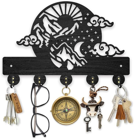 MAYJOYDIY Sun Moon Star Cloud Key Holder for Wall 11.8x7.8inch Nature Scenery Mountain Wood Key Hooks Hat Organizer Rack with 5 Alloy Hooks for Entryway Front Door Office Decor