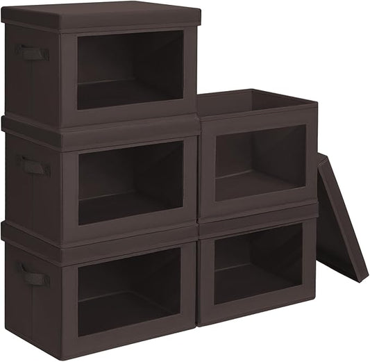 Stackable Storage Bins with Lids - Medium Storage Box with Lids, Foldable Closet Boxes for Organizing, Wardrobe Clothes Organizer with Window, Cubes Bins for Living Room, 5 Pack, Brown