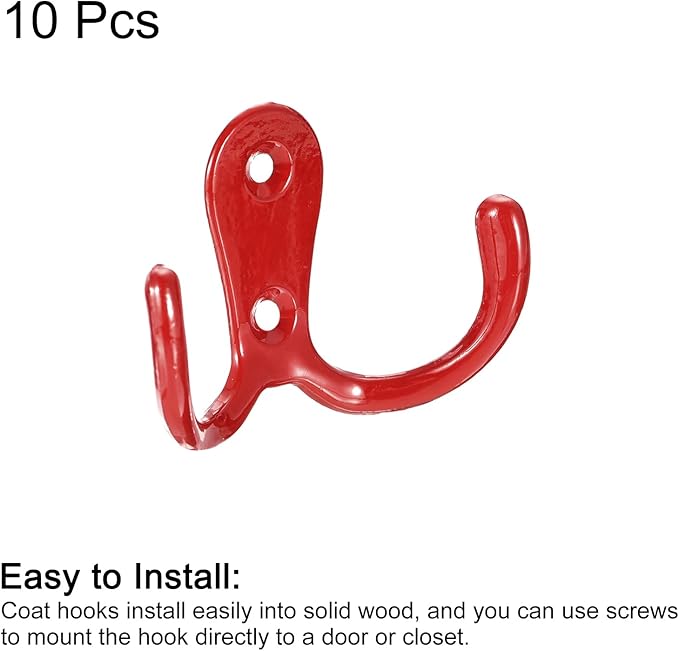 uxcell Wall Hooks, 10Pcs - Zinc Alloy Double Prong Retro Hook, Hooks for Hanging Towel Coat Backpack Clothes Scarf Keys Hat Cup (Red)