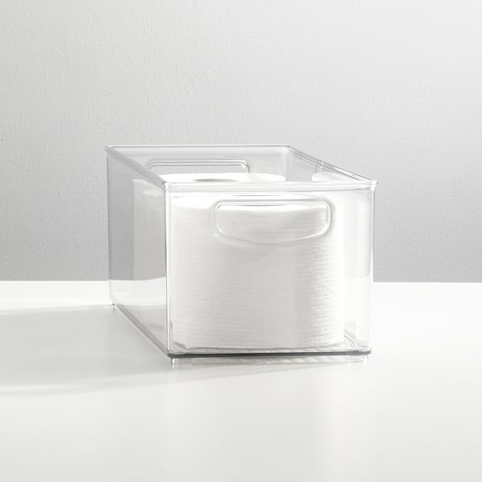 mDesign Plastic Bathroom Storage Container Bins w/ Handles - Closet, Cabinet, Vanity, Cupboard Shelf Organization, Hair Tools Accessory Organizer - Ligne Collection; Clear, 16x6x5 (Pack of 4)
