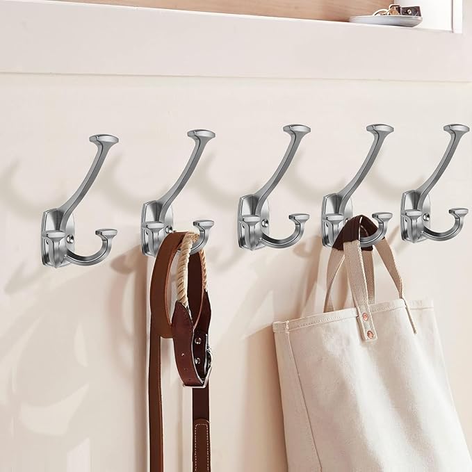 Large Wall Double-Sided Hook 10 Pack Brushed Satin Nickel Hook Decorative Heavy Duty Solid Large Coat Hooks for Towel Hanging Coats Robe Towel Bags Door Back 2 Prong Hooks