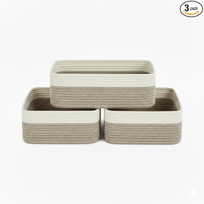Storage Baskets for Organizing 3 Pack, Woven Baskets for Storage 15"x11"x5.1", Shelf Basket Closet Basket Empty Gift Baskets Woven Storage Bins, White & Mixed Brown