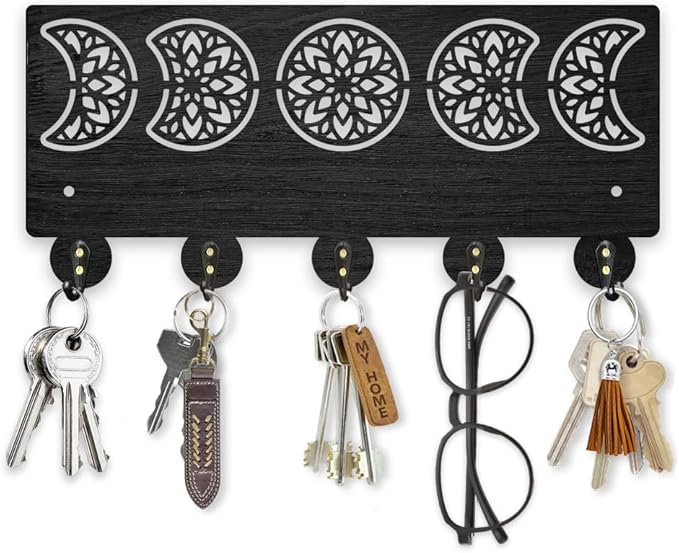 MAYJOYDIY Mandala Moon Phase Key Holder for Wall 11.8x5.3inch Floral Moon Wood Key Rack Hooks with 5 Alloy Hooks for Entryway Front Door Kitchen Office Decor