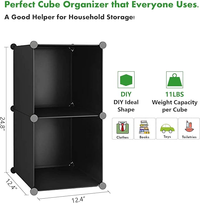 C&AHOME Cube Storage, 2-Cube Organizer Units, Plastic Closet Storage Shelves, DIY Book Shelf, Modular Bookcase, Cabinet Ideal for Bedroom, Living Room, Home Office, 12.4" L x 12.4" W x 24.8" H Black