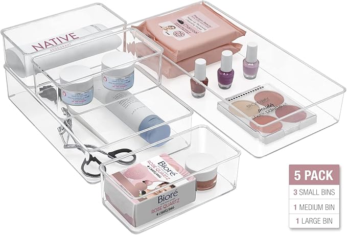 Sorbus Skin care organizer, Storage bin Drawer organizers for cosmetic, Clear Stackable Containers for Bathroom, Vanity (5-Piece Set)