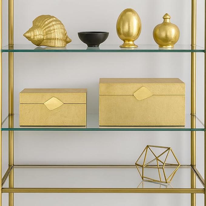 Vintiquewise Set of 2 Decorative Wooden Storage Boxes with Gold Accent – Boxes for Keys, Jewelry, Makeup, Accessories, Crafts, Gadgets, Home Office, Living Room, Bedroom & Entryway Décor, Gold
