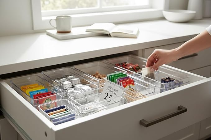 Neatly You Versatile 25-Piece Drawer Organizer Set – 4 Different-Sized Clear Plastic Bins (25 Total) For Organizing Bathroom, Vanity, Dresser, Kitchen, Desk, Makeup, Office