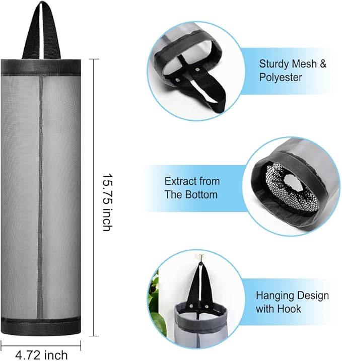 Bag Holder for Plastic Bags, 2 Pcs Polyester Grocery Bag Holder Plastic Dispenser Foldable Breathable Washable Hanging Mesh Garbage Bag Organizer for Kitchen Plastic Bag Storage (Gray)