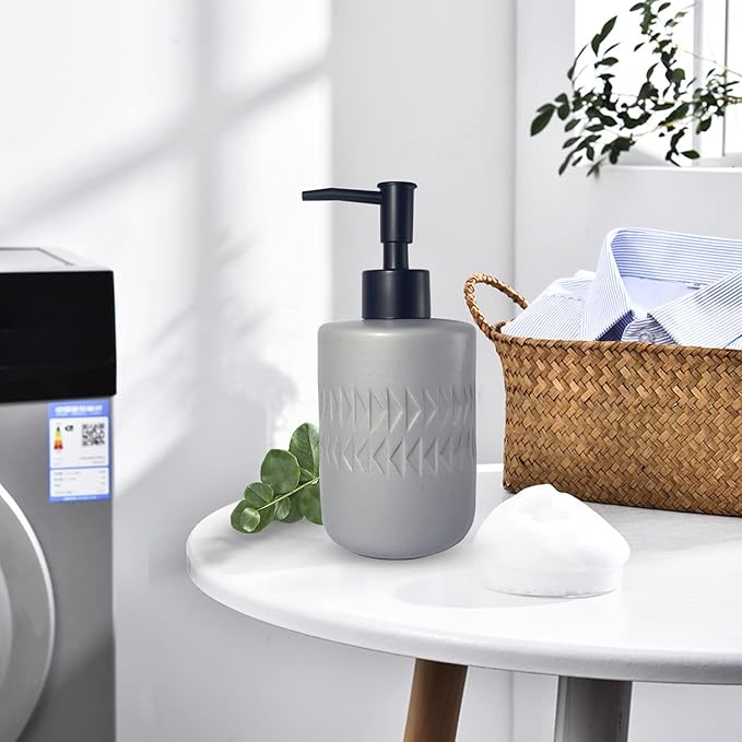 Gray Soap Dispenser with Matte Black Pump for Bathroom,Cylindrical Lotion Dispenser,12oz Ceramic Relief Hand Dish Soap Dispenser,Refillable Liquid Dispenser for Kitchen (Relief Gray)