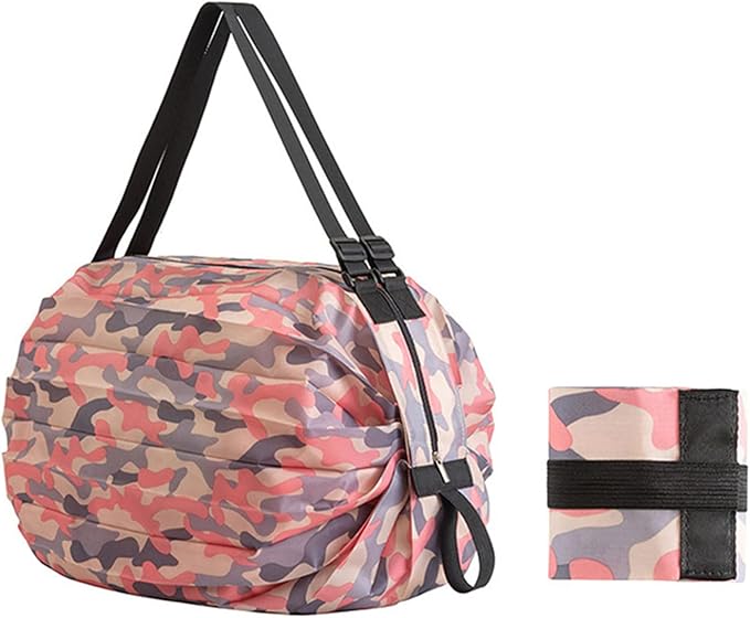 Portable Foldable Shopping Bag Large Capacity Multipurpose Storage Bag Sports Travel Shoulder Bag (Pink Camouflage)