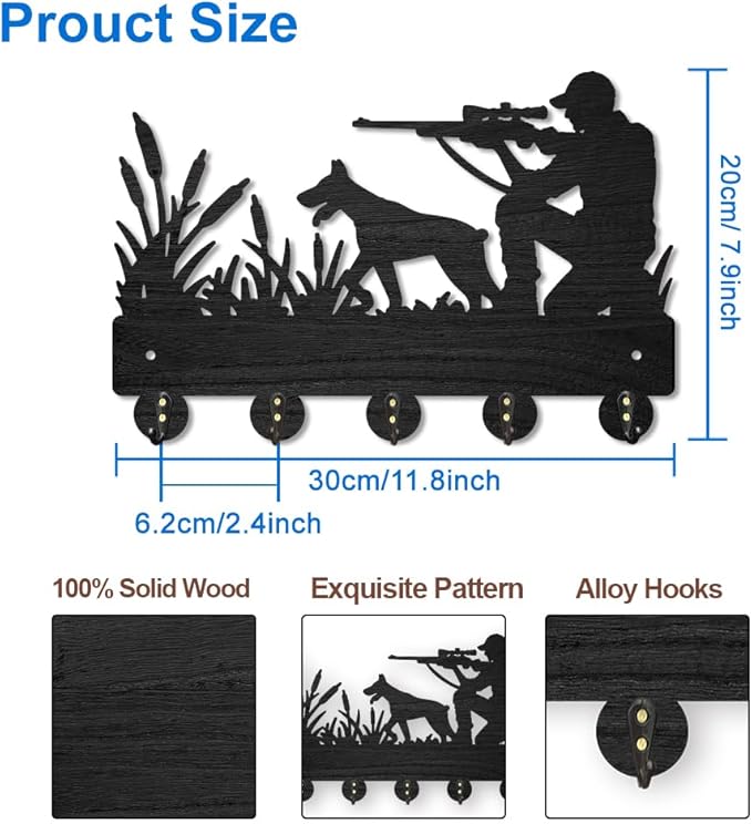 MAYJOYDIY Hunter Hunting Hound Coat Rack Wall Mounted Wood Man Dog Animal Reed Key Hooks for Wall 11.8×7.9inch Black Key Holder Hanger Wall Art Decor 5 Alloy Hooks for Gift Hallway Entryway Kitchen
