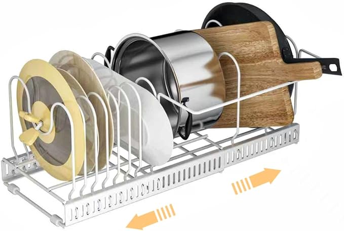 Pot and Pan Organizer for Cabinet & Drawer, Expandable Pan and Lid Rack with Handle Support Bar, Adjustable Cookware Storage for Pots, Lids, Bakeware