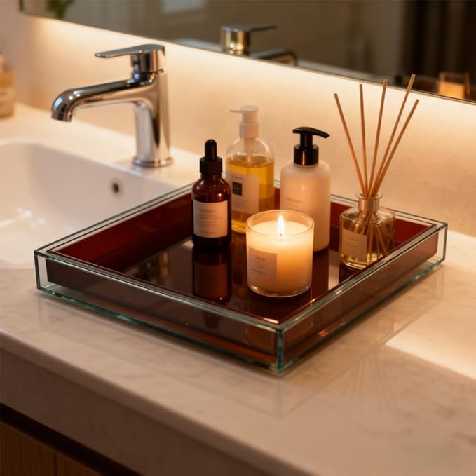 10"x10" Brown Acrylic Tray, Decorative Bathroom Vanity Counter Tray for Perfume, Candle, Soap, Coffee Table & Kitchen â Square Acrylic Organizer for Sink, Entryway Table, Dresser Home Decor