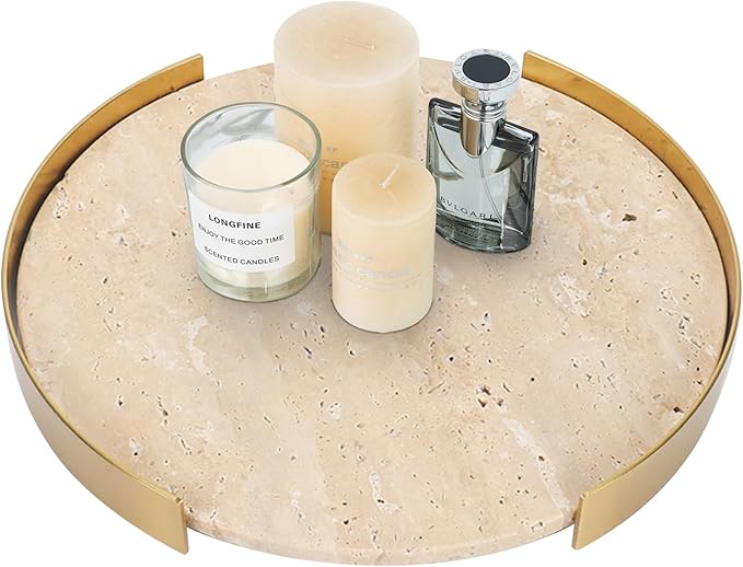 Travertine Tray, Round Marble Vanity Bathroom Countertop Tray, Ceramic Decorative Trays for Coffee Table (L)